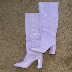 Lilac snake skin knee high boots